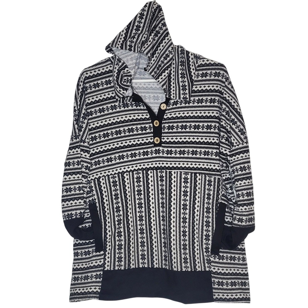 Heimish USA Womens Large Fair Isle Snowflake Henley Hoodie Black White Pullover